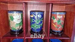 12x Franklin Mint Enamelled Chinese Cloisonne Vases/ Brush Pots On Stands + Case