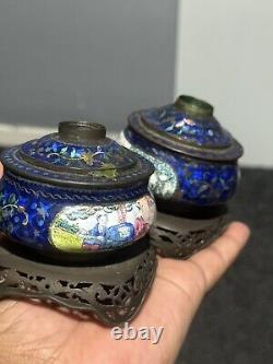 18th 19th century Chinese copper enamel inkwell pair oriental Cloisonné