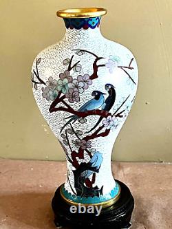 1900's Chinese Cloisonne Enamel Vase Flowers with birds 10.5 ht. On stand