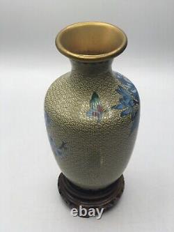 8 Cloisonné Chinese Enamel Brass Vase & Stand Lotus Butterfly Cherry Blossom