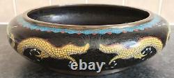 9.5 SIGNED antique CHINESE CLOISONNE DRAGON & FLAMING PEARL FIRE BOWL
