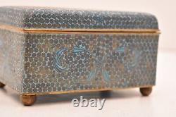 ANTIQUE CHINESE Turquoise CLOISONNE ENAMEL BOX w HINGED LID SCROLL DETAILING