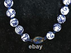 ANTIQUE CHINESE blue & white PORCELAIN bead CLOISONNE CLASP necklace
