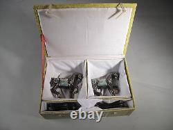 A pair of chinese cloisonne horse on wooden stands in original box circa 2000