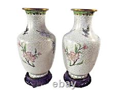 An Vintage Pair of White Chinese Cloisonné Vases with Floral Decoration
