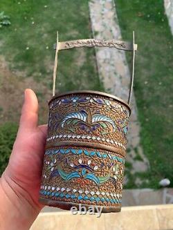 Antique Asian Brass Cloisonne Enamel Bucket