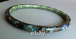 Antique Asian Bronze Cloisonné Gemstones Stones Inlay Flowers Bangle Bracelet