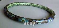 Antique Asian Bronze Cloisonné Gemstones Stones Inlay Flowers Bangle Bracelet