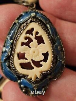 Antique Chinese 19c Sterling Cloisonne Carved Pendant Necklace