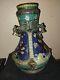 Antique Chinese Bronze Enamel Cloisonne Vase With Two Handles 12 1/2 Tall Signed