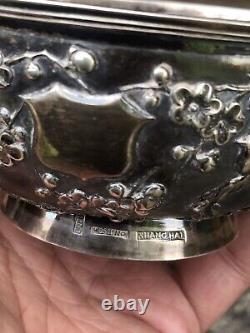 Antique Chinese Carved Solid Silver Bowl With Original Stand Birds & Flowers