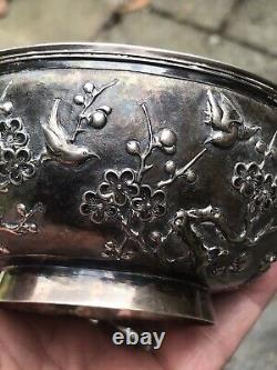 Antique Chinese Carved Solid Silver Bowl With Original Stand Birds & Flowers