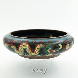 Antique Chinese Cloisonné Bowl Dragon Pursuing Flaming Pearl Decoration