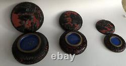 Antique Chinese Cloisonne Brass Carved Cinnabar Inlay 3 Trinket Boxes Set