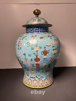 Antique Chinese Cloisonne Enamel Auspicious Symbols Lidded Ginger Jar Vase