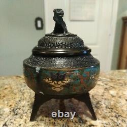 Antique Chinese Cloisonne Enamel Bronze Dynasty Handle Incense Burner Censer Foo