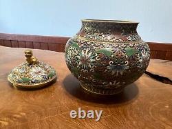 Antique Chinese Cloisonne Enamel Bronze Lidded Vase Lion