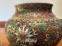 Antique Chinese Cloisonne Enamel Bronze Lidded Vase Lion