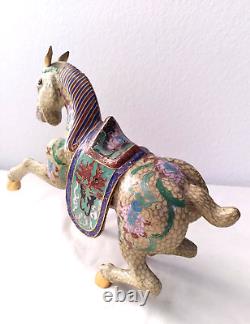Antique Chinese Cloisonne Enamel Galloping Tang Horse Statue Figurine 8X10
