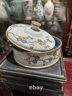 Antique Chinese Cloisonné Enamel Round Brass Trinket Box With Floral