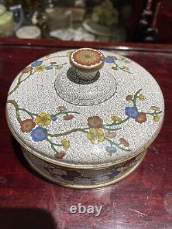 Antique Chinese Cloisonné Enamel Round Brass Trinket Box With Floral