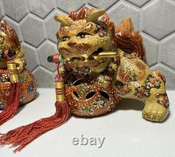 Antique Chinese Cloisonne Foo Dog Set Hand Painted. Protection & Prosperity