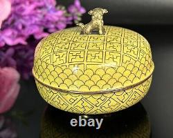 Antique Chinese Cloisonné Lidded Bowl Yellow Foo Dog Finial Late Qing 3.75W