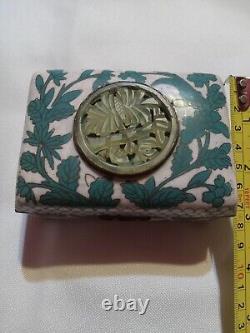 Antique Chinese Cloisonne Trinket Box With Jade Or Stone Carving