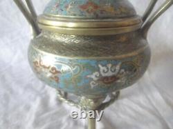 Antique Chinese Cloisonne Two Handled Censer Incense Burner with Kylin Knop