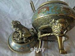 Antique Chinese Cloisonne Two Handled Censer Incense Burner with Kylin Knop