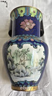 Antique Chinese Cloisonne Vase Floral Bird Countryside Enamel Hand Painted