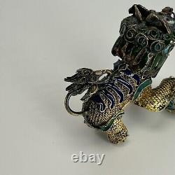 Antique Chinese Foo Dogs Cloisonne Enamel & Brass Filigree Moving Heads Pair Vtg