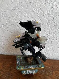 Antique Chinese Jade Tree With Semi Precious Gemstone Flowers in Cloisonné Mini
