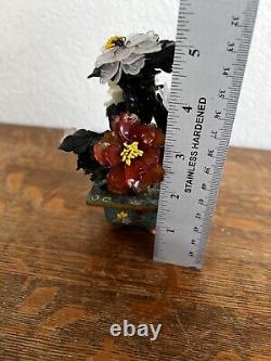 Antique Chinese Jade Tree With Semi Precious Gemstone Flowers in Cloisonné Mini