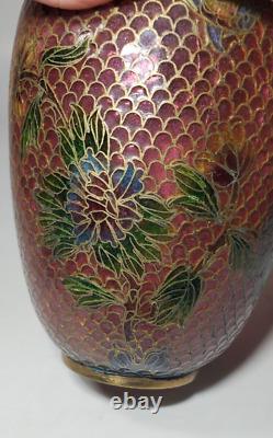 Antique Chinese Plique a Jour Cloisonne Enamel Vase Jar Rose Red Enamel & Brass
