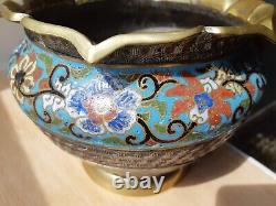 Antique Chinese Qing Cloisonne Bronze Pot Planter Jardiniere 9 inches diameter