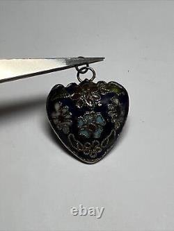 Antique Chinese Silver Blue Enamel Charm Violets Flower Cloisonne Heart Pendant