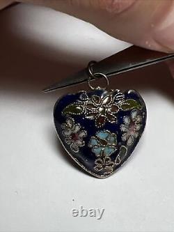 Antique Chinese Silver Blue Enamel Charm Violets Flower Cloisonne Heart Pendant
