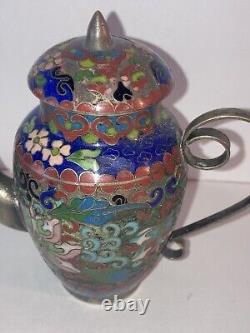 Antique Chinese Silver Cloisonné Miniature Teapot Coffee Pot