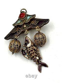 Antique Chinese Silver Gilt Enamel Cloisonné Pendant Brooch Articulated Fish 1