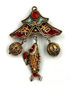 Antique Chinese Silver Gilt Enamelled Cloisonné Pendant Brooch Articulated Fish