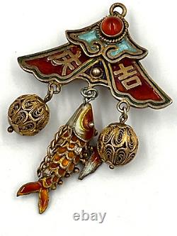 Antique Chinese Silver Gilt Enamelled Cloisonné Pendant Brooch Articulated Fish