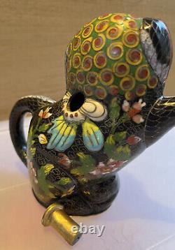 Antique Cloisonné Enamel Chinese Teapot Cat floral design