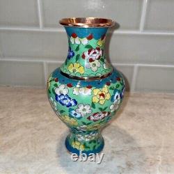 Antique Cloisonné Vase, Green, Florals, Brass, Chinoiserie, Chinese 20th Century