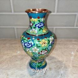 Antique Cloisonné Vase, Green, Florals, Brass, Chinoiserie, Chinese 20th Century