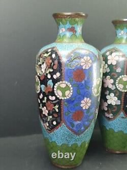 Antique Eastern Blue Cloisenee Pair Vase brass enamelled brass damaged 7 1/2