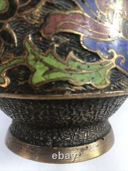 Antique Enamel Japanese Champleve Cloisonné Metal Vase Japan Twin Handle Japan
