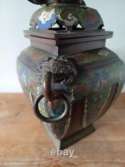 Antique Japanese Bronze Champleve Enamel Censer Incense Burner Vase, Foo Dog