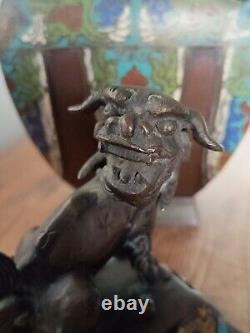 Antique Japanese Bronze Champleve Enamel Censer Incense Burner Vase, Foo Dog