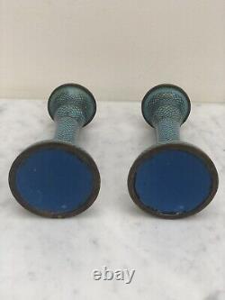 Antique Pair Of Chinese Blue Cloisonne Candlesticks 16cm Or 6 1/2 Tall